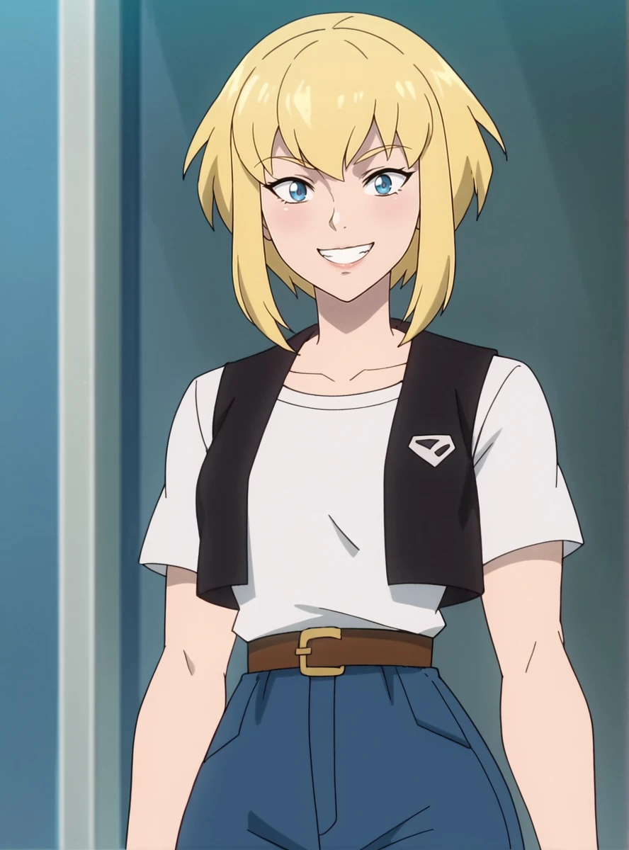 score_9, score_8_up, score_7_up, score_6_up, score_5_up, score_4_up, source_anime , anime screencap, <lora:KaraSuper:0.8>1girl, blonde hair, solo,pants, vest, shirt, karacivil, short hair, , sidelocks, blue eyes, , wide hips, narrow waist, smile