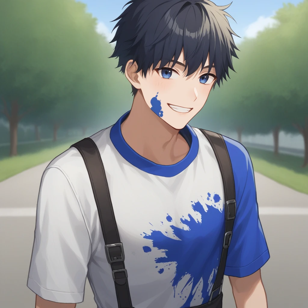 score_9, score_8_up, score_7_up, score_6_up, score_5_up, score_4_up, zPDXL2,source_anime,rating_questionable, smile,solo, cowoby shot, <lora:Splatter:0.8> splatt3r,blue paint, paint on clothes, paint splatter, outdoors,