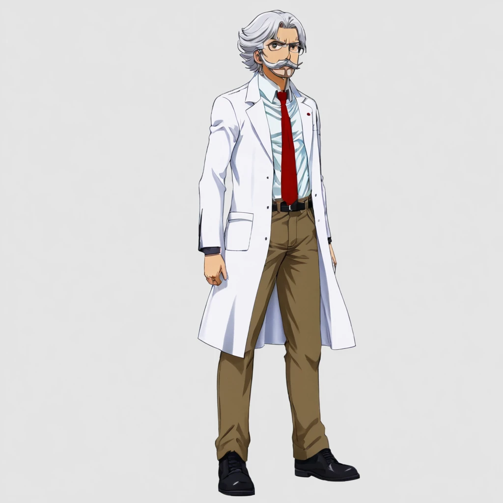 anime artwork of  <lora:Majinga style:1>
In anime manga universe, Juzo K, mad scientist a cartoon character dressed in a white coat and tie, animation style, cartoon, video animation, animated cartoon style, cinematic animation style, visual stunning, Majinga style, general, solo, simple background, shirt, 1boy, white background, standing, full body, white hair, male focus, necktie, belt, pants, black footwear, black shirt, facial hair, transparent background, red necktie, beard, mustache, labcoat, bald, brown pants, old, old man, long sleeves, horns, shoes, collared shirt, coat, legs apart, white coat, lab coat
, anime style, key visual, vibrant, studio anime,  highly detailed