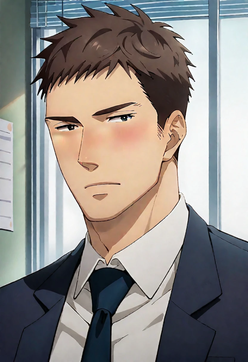 (score_9, score_8_up, score_7_up), ((source anime, best quality, best aesthetic, perfect anatomy, Gold Ratio, Art Composition, zPDXLxxx)), 1boy, doumeki, male_focus, handsome detailed face, black eyes, collared shirt, blazer, necktie, solo, modern office, portrait, (((Jitome, front lighting, bird’s-eye view, looking down, pole dancing, holding food))), <lora:aesthetic_anime_v1s:1>, <lora:Smooth Anime 2 Style SDXL_LoRA_Pony Diffusion V6 XL:1>, <lora:Doumeki:0.8>