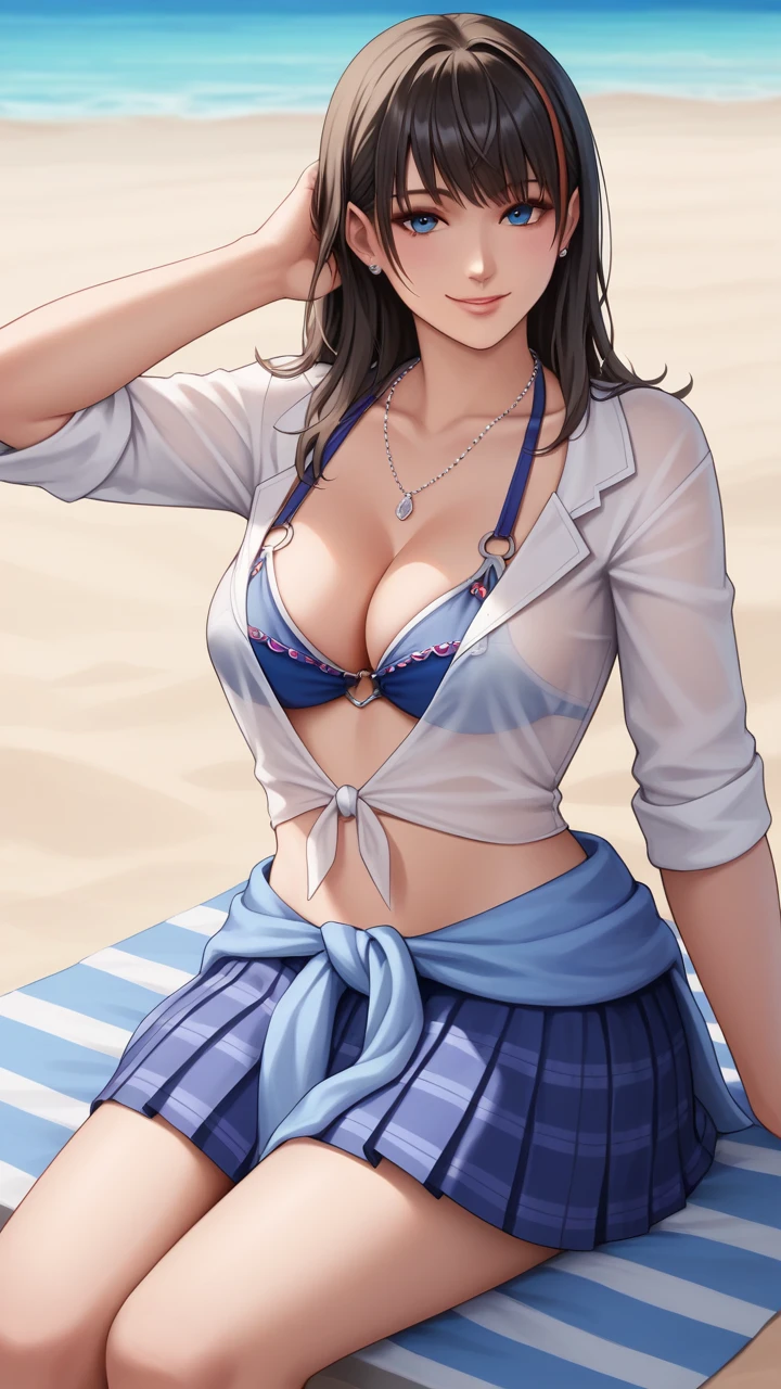 score_9, score_8_up, score_7_up, score_6_up, source_anime, BREAK masterpiece,<lora:NanamiDOAXVV:1>,  NanamiDOAXVV,  streaked hair, blue eyes, open white shirt, blue bikini top, pleated skirt, sweater around waist, tied shirt, seductive smile, sitting, breasts, beach, looking at viewer, adjusting hair,