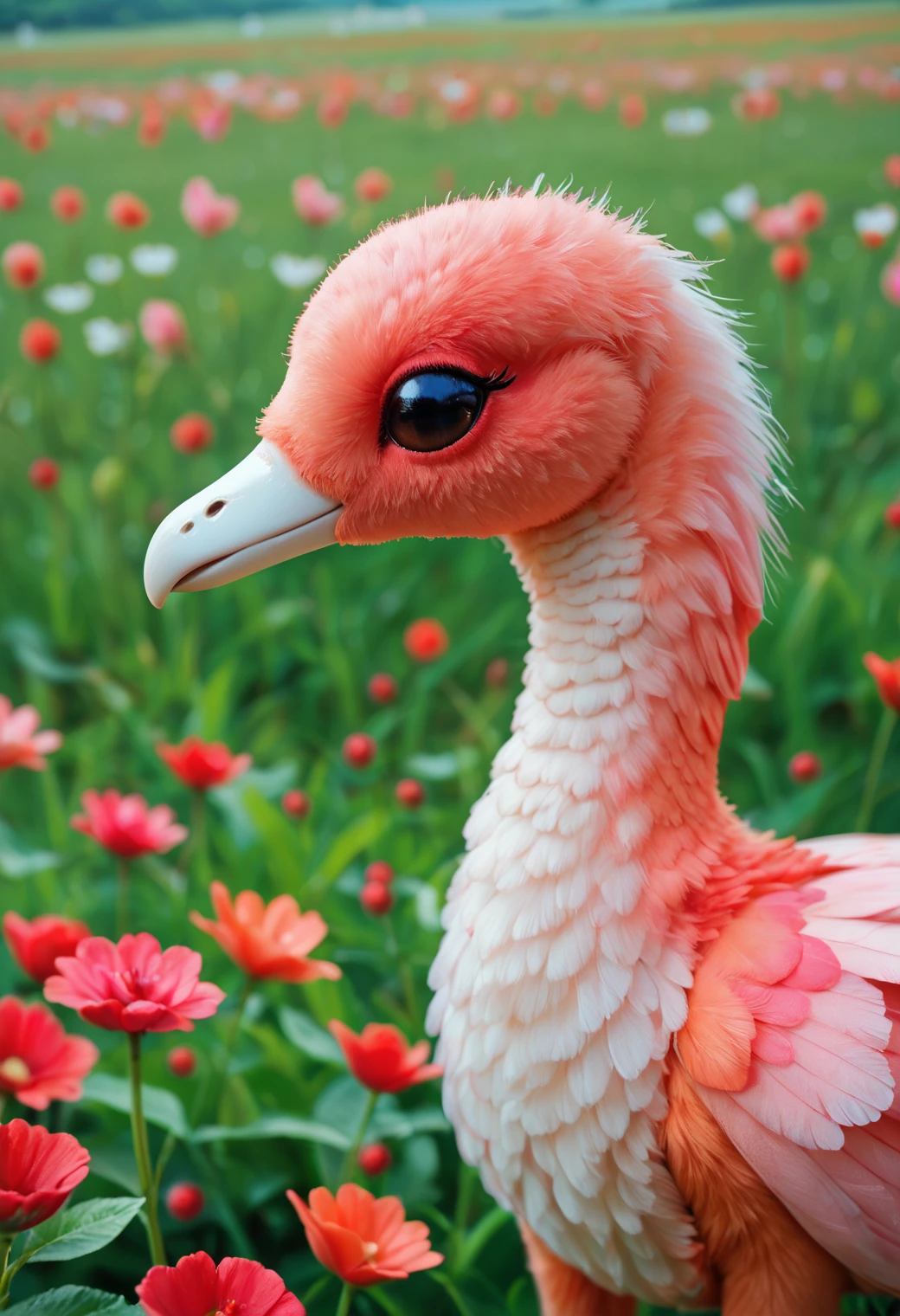 An adorable ladybug flamingo hybrid creature with  flower petal-like feathers in a field of pink and red flowers,hyperrealistic,, score_9,score_8_up,score_7_up,highly detailed,high budget,masterpiece,best quality,perfect anatomy,very aesthetic,8k,