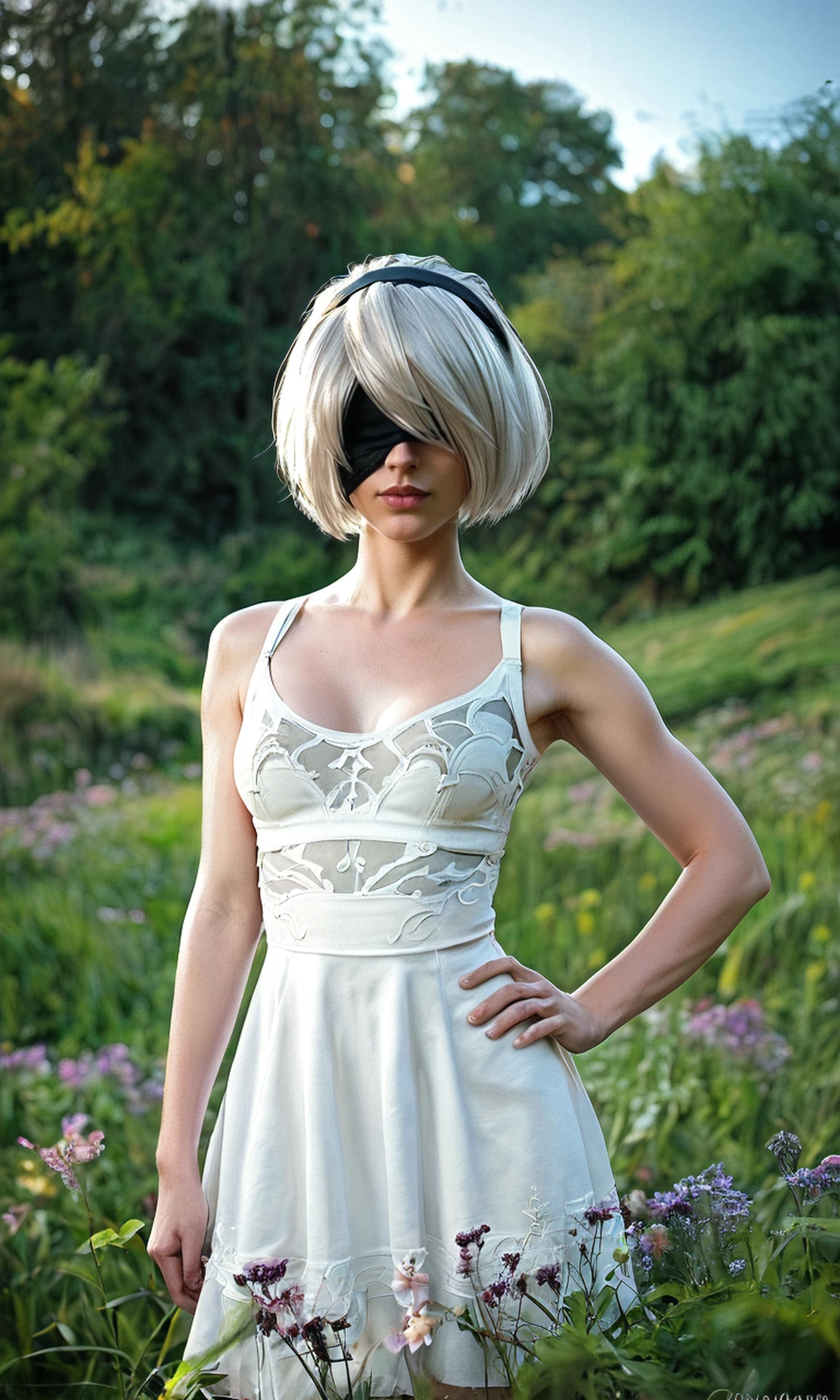 score_9, score_8_up, score_7_up, BREAK, zy_2b, 1girl, short hair, white hair, yorha no. 2 type b, dress, blindfold, nature, field, portrait, realistic, photo, real hair, detailed skin, highly detailed, detailed skin, depth of field, film grain, <lora:zy_2B_PonyRealism_v1:.7>