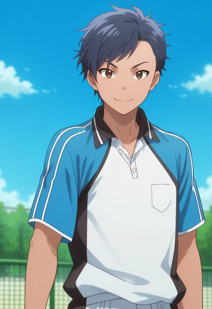 score_9, score_8_up, score_7_up, source_anime, highly detailed, 
tsubasa, 1boy, solo, male focus, upper body, shorts, sportswear, 
dark skin, blue hair, looking at viewer, standing, brown eyes, tennis uniform, raglan sleeves, blue shirt, white shirt, smile,
outdoor, sky, blue sky,