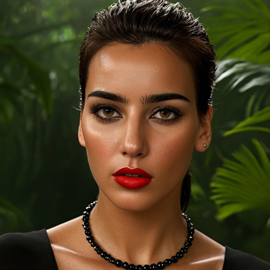 Hyperrealistic art of  <lora:detailed_notrigger:0.3>
 <lora:facial expression style v2:0.1>
 <lora:Rosa Caracciolo (Rozsa Tassi):1>
Rosa Caracciolo (Rozsa Tassi) a woman with a black top and a necklace, sharp, detailed, cinematic film style, Rosa Caracciolo style, Rozsa Tassi style, 1girl, solo, black hair, brown eyes, lips, makeup, portrait, realistic, short hair, black eyes, looking to the side, messy hair, lipstick, nose, red lips, photorealistic, jungle woman style
, Extremely high-resolution details, photographic, realism pushed to extreme, fine texture, incredibly lifelike