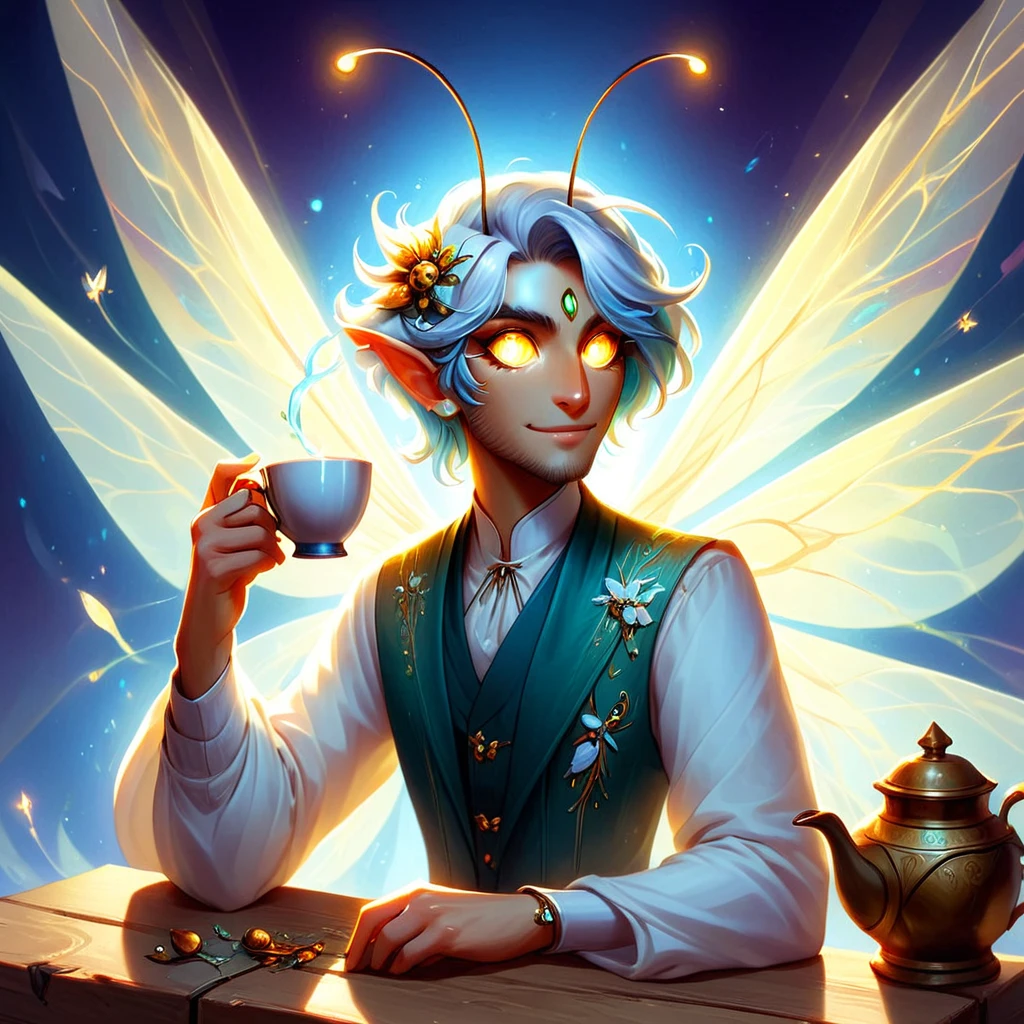 glimmerborn, a small fairy drinking from a tea cup, male, 