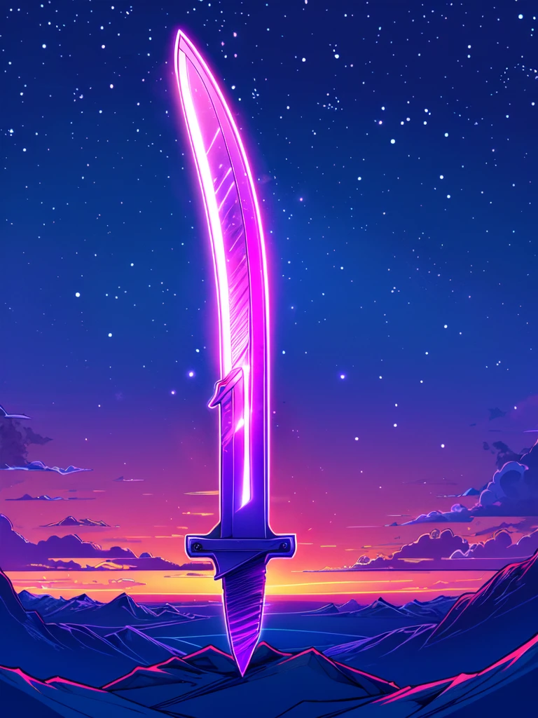 <lora:retro_neon-SD:0.8>,
retro_neon, no humans, sky, sword,purple glow, weapon, starry sky, scenery, night sky