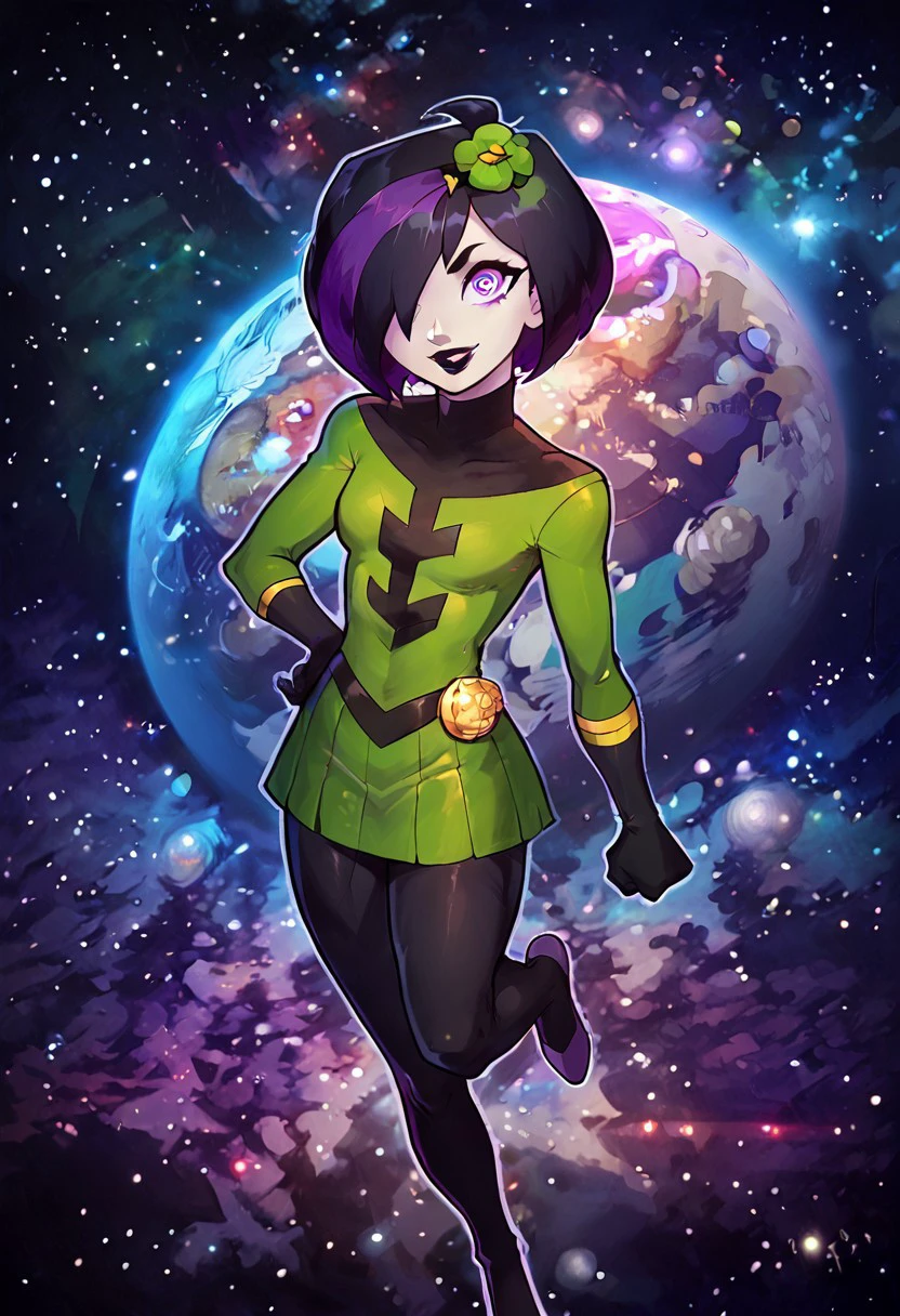 1girl, score_9, score_8_up, score_7_up, western cartoon, black belt, black lipstick, black gloves, purple eyes, black hair, dark purple streak in hair, hair cover one eye, medium bob, white skin, black leggings, black belt, gold circle on belt, green flower in hair, bright green dress, gold trim on gloves, black turtleneck, black top of dress, flying, flying to side, smaller in background, clenched fist, one arm extended forward, one leg tucked, facing forward, looking at viewer, smile, masterpiece, high quality, full body, petite, outer space, stars and planet in background, cute face, small bust, skinny, neon lighting, very detailed, depth of field, cinematic illumination, volumetric lighting, full color picture, vibrant colors, size difference, small woman,