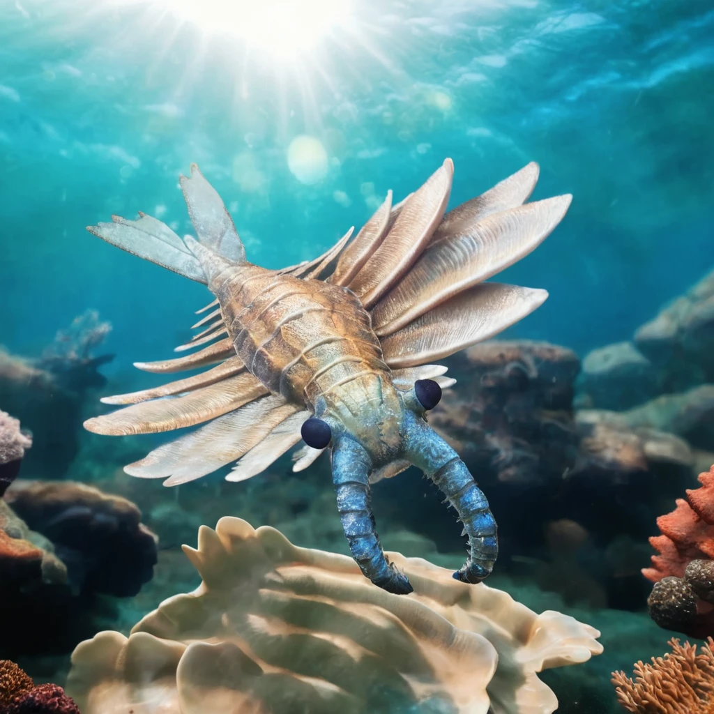 professional wildlife photo of blue anomalocaris swimming in coral reef, detailed crustacean shell texture, warm natural sunlight, corals in the background, style of natural geographic, highly detailed, photorealistic <lora:anomalocaris:1>