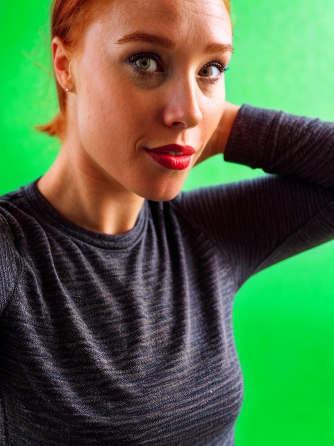 jkw, yoga clothes, ((red hair)), portrait, looking at away, eye focus, green background, masterpiece, best quality, ultra-detailed, ultra high res, lipstick, (photorealistic:1.4), raw photo, (realistic:0.2), 8k HDR, f1.4, 40mm, photorealistic, raw, 8k, textured skin, skin pores, intricate details
