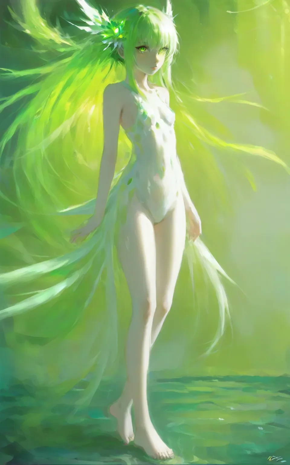 The nakedness of the beauty is wrapped in a transparent white ribbon，Surrounded by long green palm leaves，Smooth skin，Fair and soft skin，Soft hands and feet，（primitive：1.2），（realisticlying：1.4），（Sharpness：1.2），(((body high：1.5))),（（（Gemstones refract dazzling light））），（（middlebreast：1）），（Abs：0.7），（glute：1.2），(healthy-looking skin， Thin skin， seductiveexpression， 二重まぶた，Jelly textured lips，(((Flawless skin texture)))，Real pores，ctextured skin，（Dynamic hair，Hair hanging down the shoulders，Beaded hairpins，Layered hair），Glossy glossy skin，Glowing skin，Radiant hair，In the land of blue skyflowers，sunny clear sky，High quality detailing， Positive light，Cinematic lighting,absurderes, unbelievable Ridiculous, hugefilesize, ultra - detailed, A high resolution, The is very detailed，best qualtiy，tmasterpiece，illustratio，The is very detailed，CG，unified，8k 壁纸，Amazing Cleavage，finely detailled，tmasterpiece，light in face，cinmatic lighting,(((Dynamic lens，Focus on people))),((body proportions of the high jumper)),(((dynamicposes)))，((((pantyless))))，(((trousersless))),(((didn't wear socks))),(((No skirts))),((No shoes)))，(((Correct anatomy)))，(((A world of mist and nothingness))),(((Body floating in the air，foot in the air，Tiptoe off the ground，flight))),(((cinematic ligh：fall))),with blue sky and white clouds，