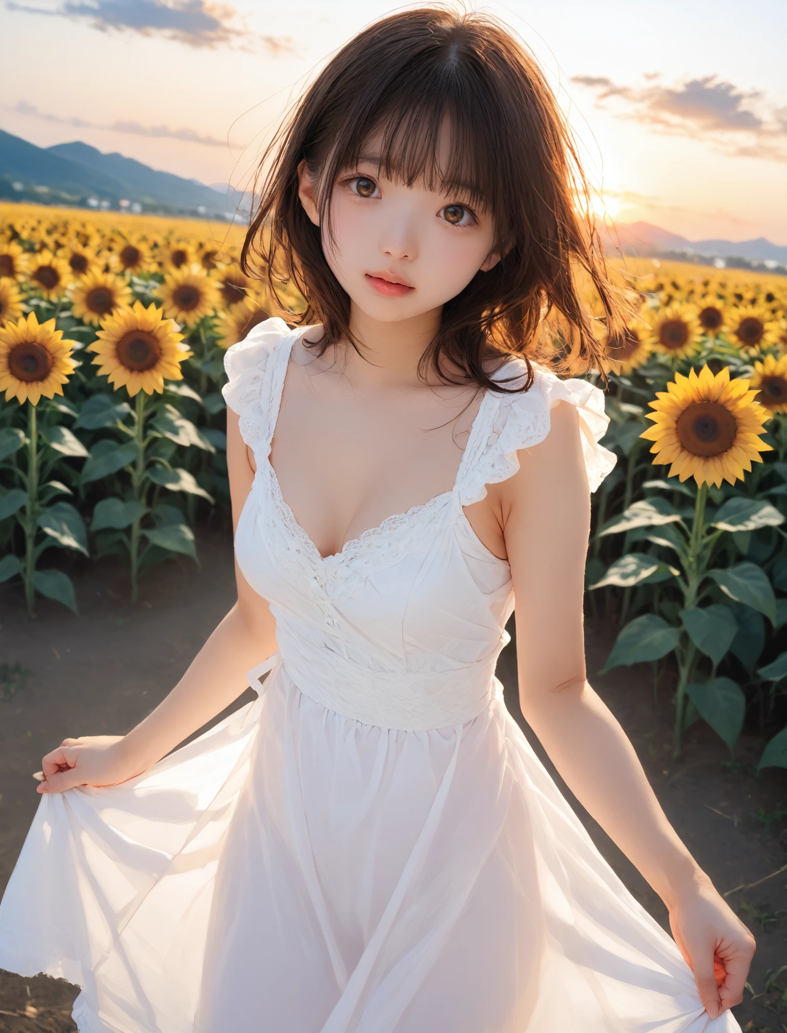 score_9, score_8_up, score_7_up,source_anime,BREAK rating_explicit,uncensored,1girl,solo,japanese girl,japanese girl,women,medium breasts,brown hair,dark brown eyes,dress,Sunflower field at the tip of a high promontory with a view of the horizon, dynamic angle,cowboy shot, twilight,sky,cloud,Horizon,looking at viewer,sunset,backlighting,<lora:backlighting:1>