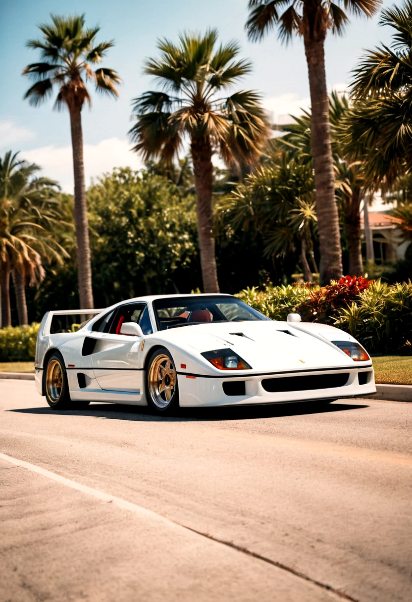 analog film photo (Sportscar, Ferrari F40, front side view, vegetation, sunny, lakeside road, palm trees, cityscape), (film grain:1.5) . faded film, desaturated, 35mm photo, grainy, vignette, vintage, Kodachrome, Lomography, stained, highly detailed, found footage, cinematic film still (Sportscar, Ferrari F40, front side view, vegetation, sunny, lakeside road, palm trees, cityscape), (film grain:1.5) . shallow depth of field, vignette, highly detailed, high budget, bokeh, cinemascope, moody, epic, gorgeous, film grain, grainy