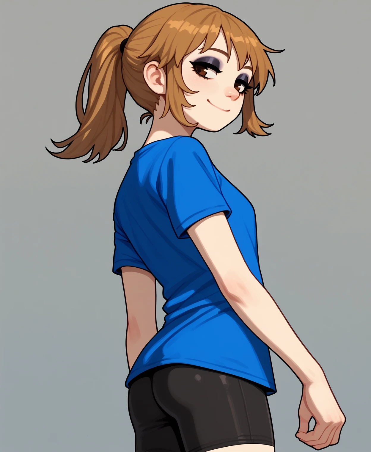 score_9, score_7_up, score_6_up, ashbie, 1girl, blue shirt, short sleeves, bike shorts, from behind,  from side, solo, short ponytail, brown eyes, smile, eyeshadow, dutch angle, sidelocks
<lora:ashbie-000013:1>