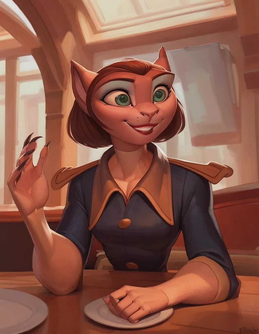 by pixelsketcher, BREAK detailed background, restaurant, BREAK, captain amelia, feline humanoid, alien, brown hair, green eyes, eyeshadow, lipstick, uniform, elbow gloves, claws, wide eyed, smile, <lora:CaptainAmelia-01-Polyfur-a64-d128-e020:1>