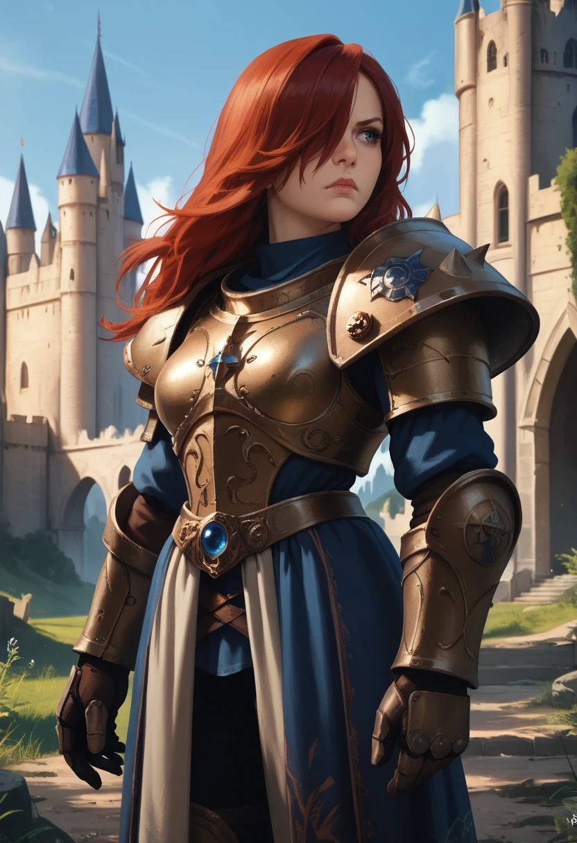 score_8_up, score_7_up, realistic, cowboy shot, solo, 1girl, serious, looking away, standing, long hair, red hair, hair over one eye, armor, shoulder armor, gauntlets, outdoors, castle <lora:style_themaestronoob_ponyXL:1>