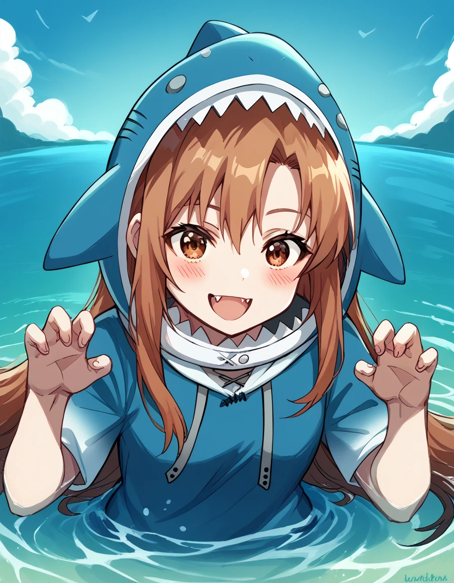 score_9, score_8_up, score_7_up, source_anime, asunayuuki, <lora:asuna-yuuki-s1-ponyxl-lora-nochekaiser:1>, asuna yuuki, long hair, brown hair, brown eyes,, <lora:gawr-gura-cosplay-ponyxl-lora-nochekaiser:1>, gawrguracosplay, gawr gura \(cosplay\), shark hood, shark costume, blue hoodie, shark tail, animal hood, fish tail,, outdoors, ocean, water, submerged, smile, blush, <lora:paw-pose-ponyxl-lora-nochekaiser:1>, paw pose, open mouth, fangs, sharp teeth,, cowboy shot, dutch angle, solo,