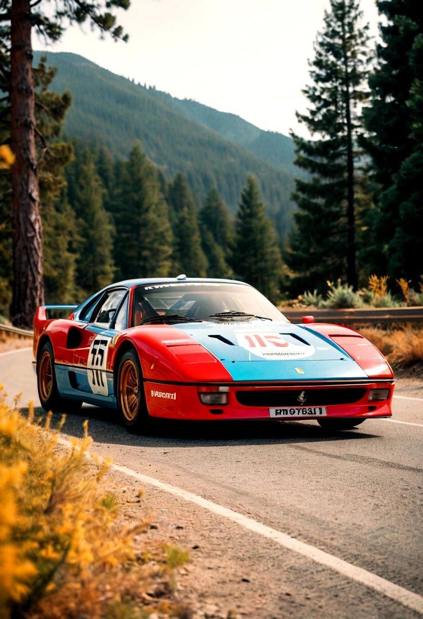 analog film photo (Sportscar, colorful Ferrari rally prototype, front side view, vegetation, sunny, mountain road, pine trees), (film grain:1.5) . faded film, desaturated, 35mm photo, grainy, vignette, vintage, Kodachrome, Lomography, stained, highly detailed, found footage, cinematic film still (Sportscar, colorful Ferrari rally prototype, front side view, vegetation, sunny, mountain road, pine trees), (film grain:1.5) . shallow depth of field, vignette, highly detailed, high budget, bokeh, cinemascope, moody, epic, gorgeous, film grain, grainy