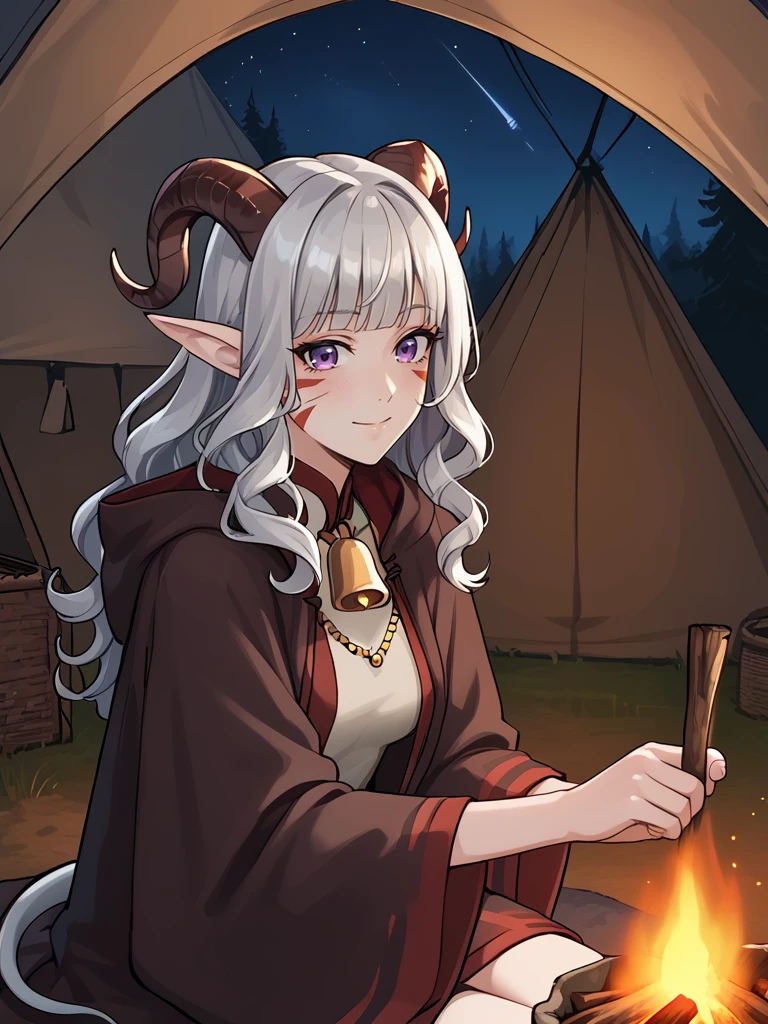 source_furry, score_7_up, rating_safe, gold necklace, tiefing, short pointed ears, brown horns, (a pair of brown sheep Horns that begin at her temples and curve back: 1.5), bangs, long silver hair long wavy hair, pale skin, short pointy ears, purple eyes, <lora:age_slider_v4:0.6>   medium breasts, skinny female, close up, silver hair, <lora:Tieflingnew weird fantasyDND:0.3> Tiefling, pointed ears, horns, <lora:Smooth Style 2 SDXL_LoRA_Pony Diffusion V6 XL:0.5> bell, robe, hood off,  < <lora:whisker_markings:0.8>red whisker_markings, 
 <lora:Campfire:0.8> campfire, tent