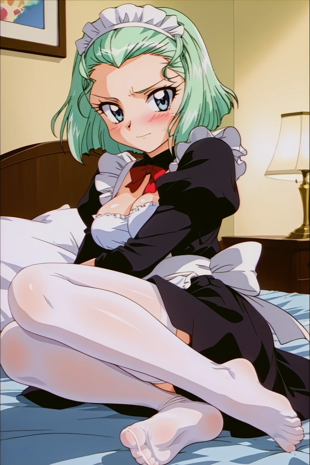 Martina, solo, 1 girl, looking at viewer, cowboy shot, retro style, 1990s \(style\), Araizumi Rui, breasts, short hair, medium breasts, green hair, closed mouth, leg lock, maid, white tights, no shoes, maid's headdress, Juliet sleeves, bedroom, bed, blush, embarrassed face, blushed,