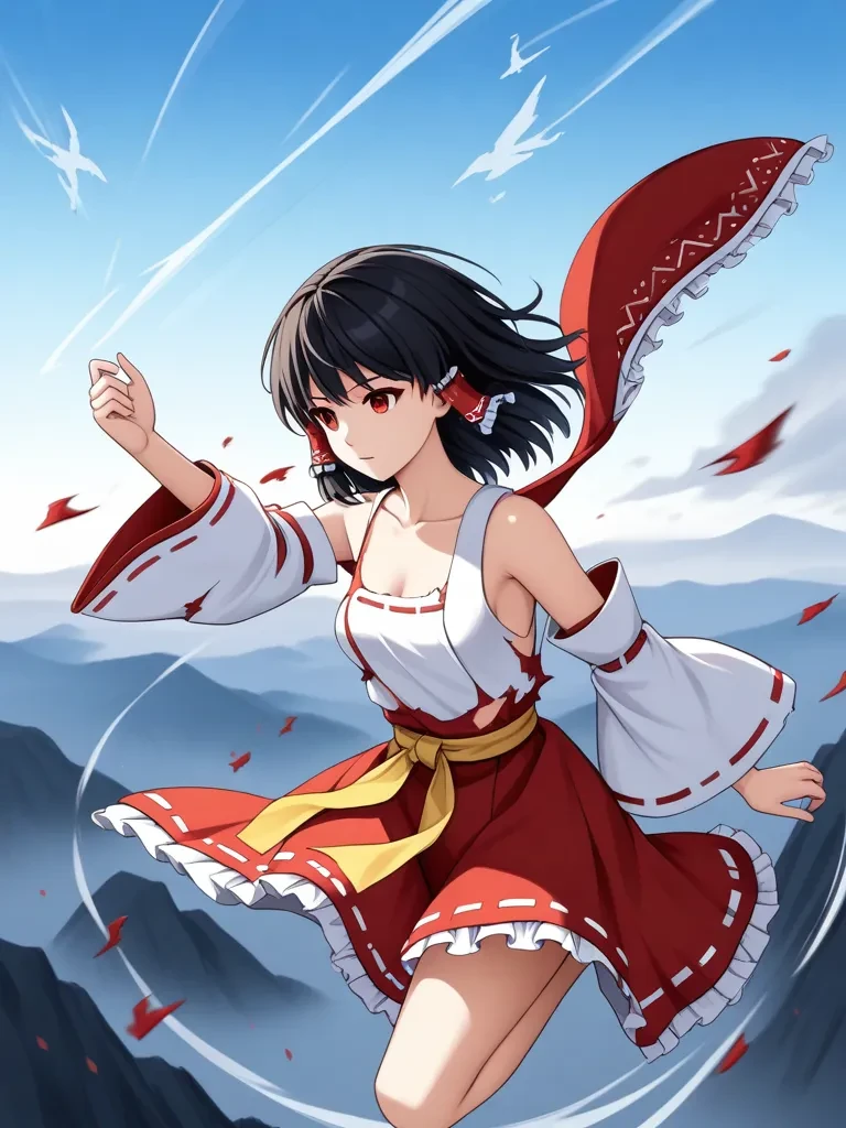 masterpiece, (best, great:1), 1girl, solo, hakurei reimu, flying, black hair, hair tube, miko, detached sleeves, collarbone, bare shoulders, medium hair, sky, midair, torn clothes, battle, red eyes, cowboy shot, medium breasts, wide sleeves, bow, spinning, hand up,,