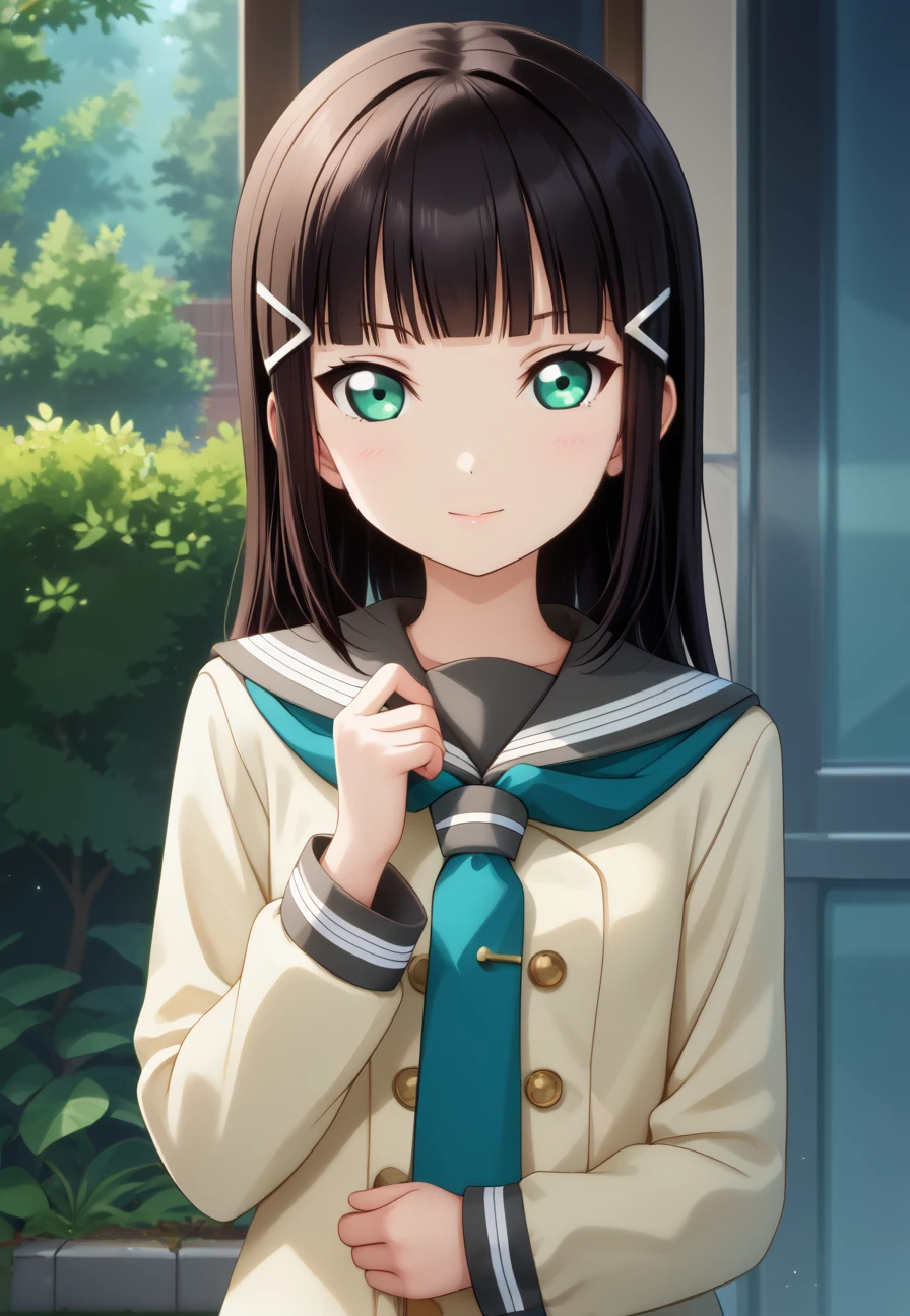 score_9, score_8_up, score_7_up, score_6_up, score_5_up, score_4_up, score_explicit, BREAK , beautiful detailed face with clear eyes, sharp,
, uniform, serafuku,
 , kurosawa dia, (blunt bangs:1.3),  dark hair    , (slim, thin weist, petite:1.3), (full body:0.8), realistic
1girl, , bangs,, black hair, blue bikini,, day,cyan eyes, (green eyes:0.3), , hairclip, , kurosawa dia, long hair, <lora:lovelivechar_kk-pony:0.5>, anime screenshot,,  <lora:Dia-06:0.9>,