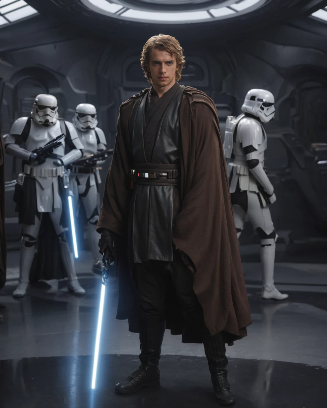 (three-quarter view:1.5) (close-up:0.5) shot of <lora:Anakin_Revenge_of_the_Sith:0.8> Anakin Skywalker Jedi Hayden Christensen wearing brown cloak holding lightsaber, (((dynamic action pose))), (((engaged in battle with stormtroopers))), 8k uhd, dslr, soft lighting, high quality, background of black sci-fi spaceship corridor, intricate details, masterpiece, trending on artstation, realistic, Cinematic, epic, action packed, incredibly detailed and realistic, magnificent, vignette, high budget, bokeh, moody, sharp, highly detailed, concept art, realistic hands, dynamic pose, dynamic shotfantastic location, majestic cluttered environment, 8k unity render, action shot, skin pores, detailed, detailed face, (vibrant, photorealistic, realistic, dramatic, dark, sharp focus, 8k), (weathered damaged old worn leather outfit:1.5), (intricate:1.5), (highly detailed:1.4), octane render, sharp focus, art by artgerm, (loish:0.23) , wlop ilya kuvshinov, and greg rutkowski and alphonse mucha gracias, (global illumination, studio light, volumetric light)