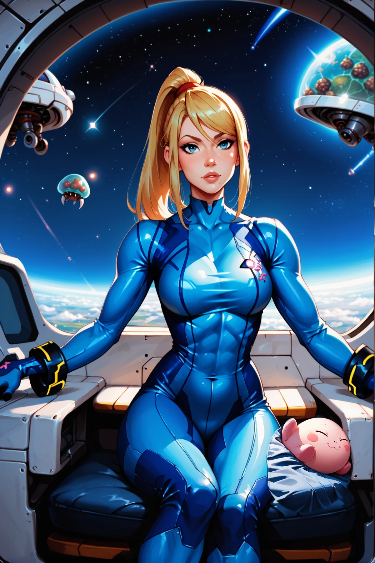 Samus Aran from the Metroid series, cowboy shot, piloting spaceship, sitting pilot's seat, in a spaceship, in space, stars, kirby sleeping, wearing a sleeping hat, <lora:Raichiyo33_Style:0.8> traditional art, score_9, score_8_up, score_7_up, score_6_up, score_5_up, score_4_up, source_anime, score_9, score_8_up, score_7_up, ultra quality, anatomically correct, (detailed texture), smooth outlines,