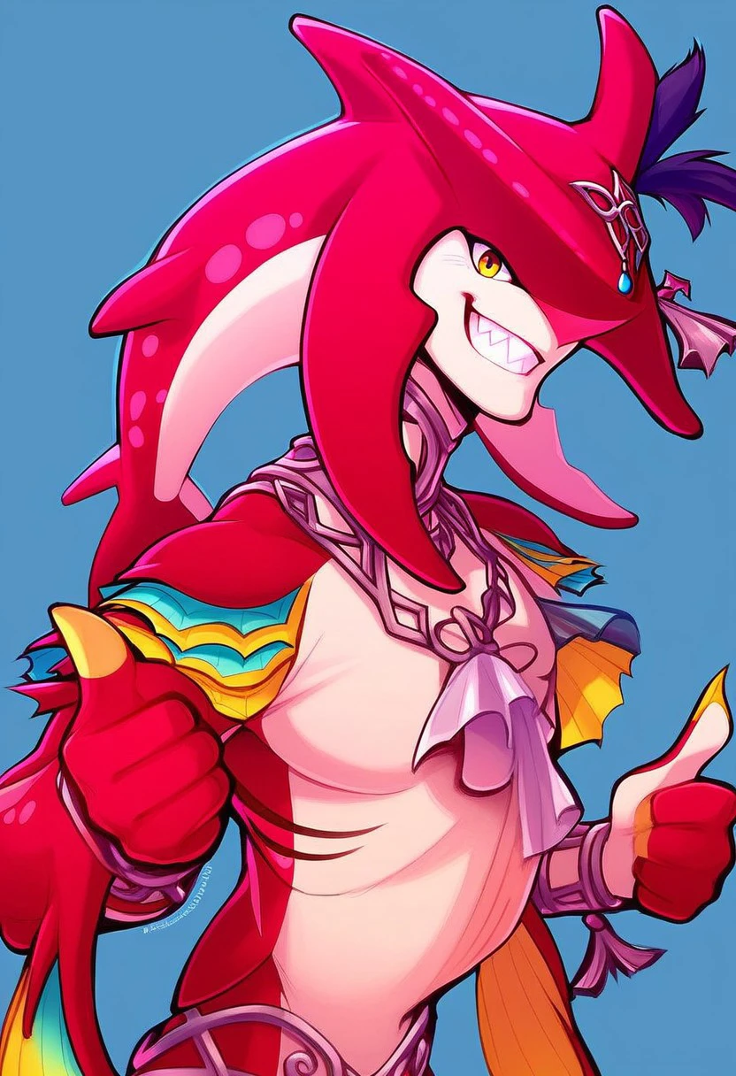 score_7_up, score_8_up, digital art, upper body, front, 
BREAK,
packsidon, zora, accessories, grin, thumbs up, simple background, looking at viewer,