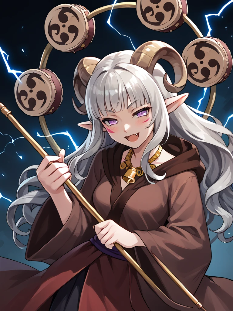 <lora:whisker_markings:0.8>red whisker_markings,
source_furry, score_7_up, rating_safe, cowboy shot, gold necklace, tiefing, short pointed ears, brown horns, (a pair of brown sheep Horns that begin at her temples and curve back: 1.5), bangs, long silver hair long wavy hair, pale skin ,short pointy ears, purple eyes, <lora:age_slider_v4:0.6>   medium breasts, skinny female, close up, silver hair, <lora:Tieflingnew weird fantasyDND:0.3> Tiefling, pointed ears, horns, half-closed eyes<lora:Smooth Style 2 SDXL_LoRA_Pony Diffusion V6 XL:0.5> bell, robe, hood off, 
<lora:tako_drum:1> Raijin taiko drums:1.5,drum, electricity, electrokinesis, from above  , fang,holding drumsticks,