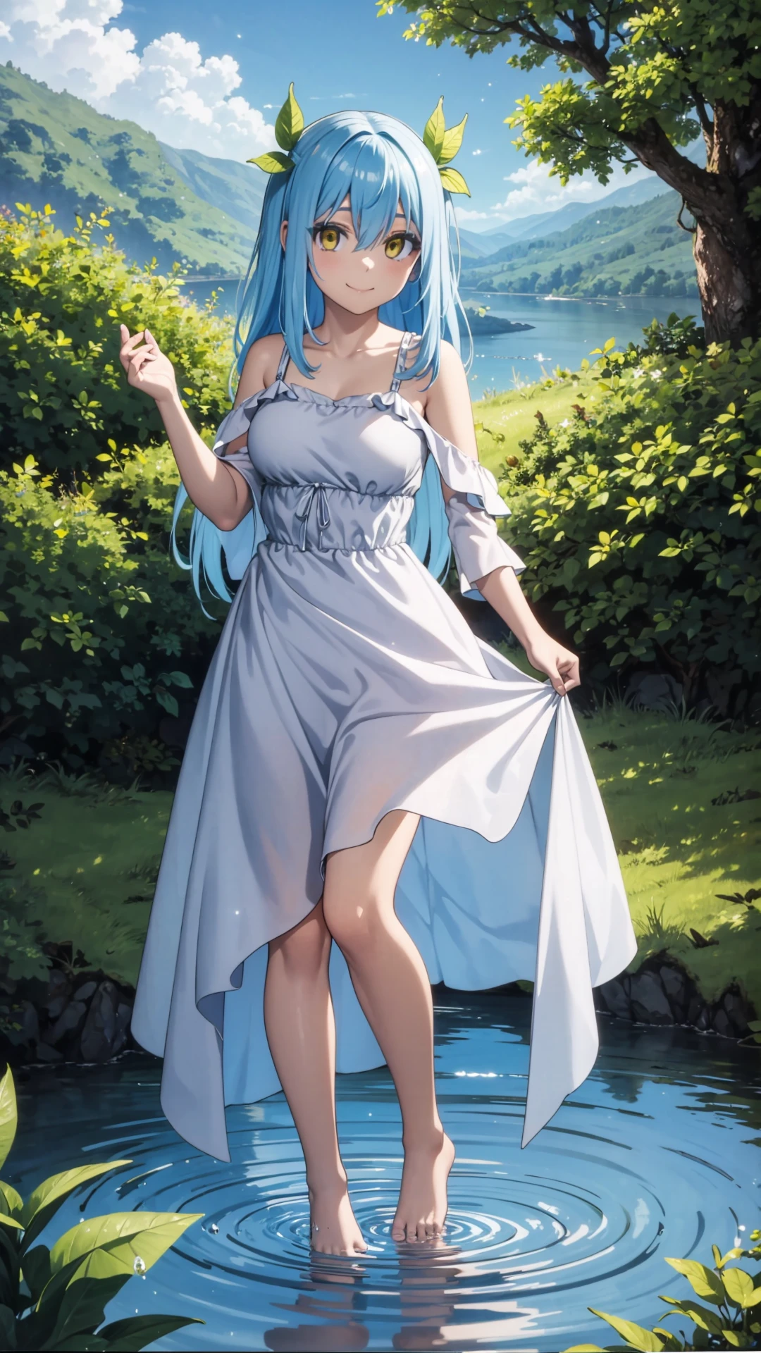 standing on water white long-haired femele dance Light blue eyes Sunnyday