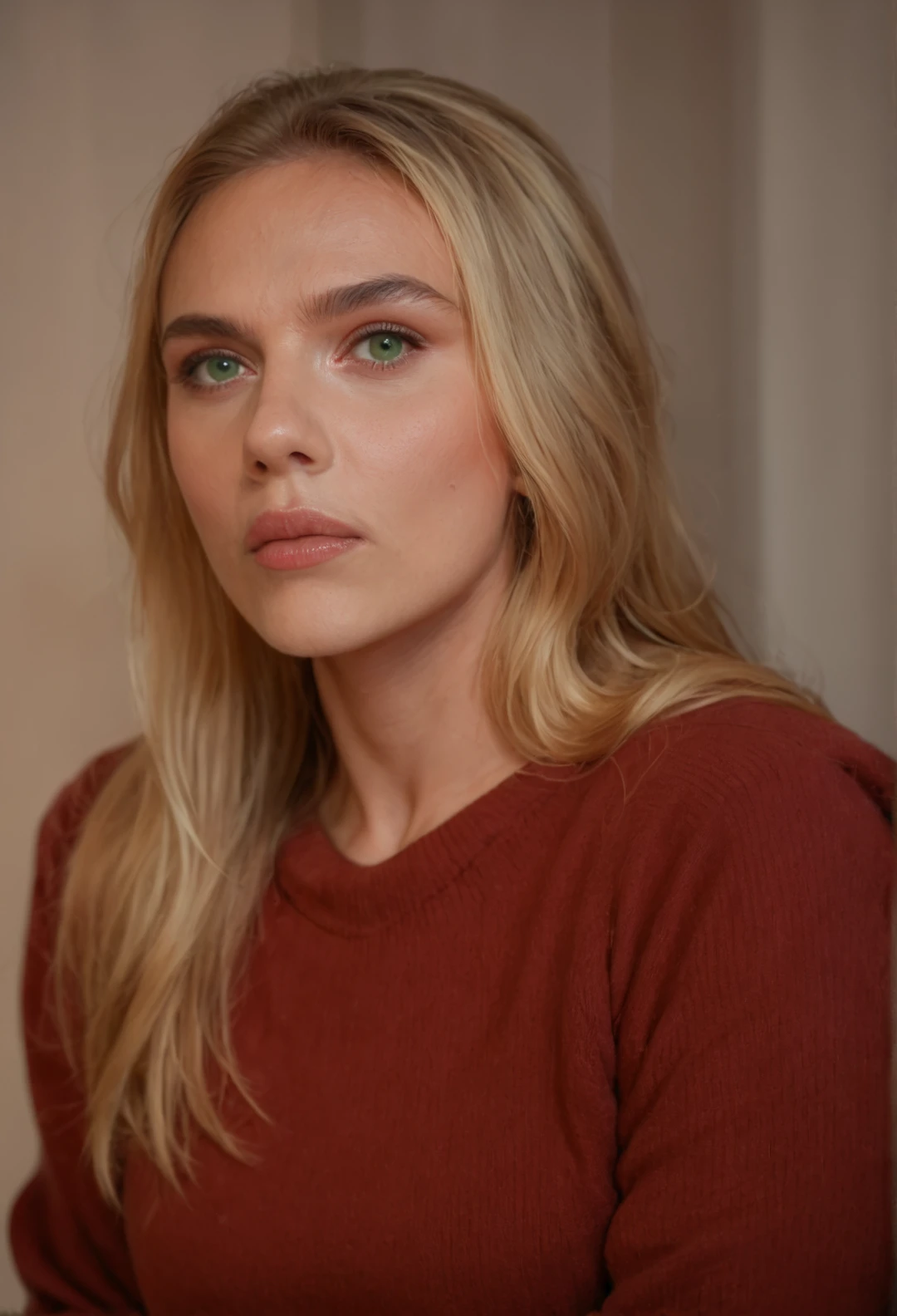 score_9, score_8_up, score_7_up, ScarlettJ, 1girl, solo, looking at viewer, long hair, blonde hair, jewelry, green eyes, lips, makeup, portrait, realistic, red sweater