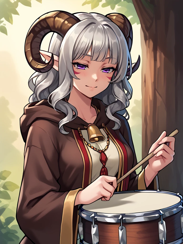 <lora:whisker_markings:0.8>red whisker_markings,
source_furry, score_7_up, rating_safe, cowboy shot, gold necklace, tiefing, short pointed ears, brown horns, (a pair of brown sheep Horns that begin at her temples and curve back: 1.5), bangs, long silver hair long wavy hair, pale skin ,short pointy ears, purple eyes, <lora:age_slider_v4:0.6>   medium breasts, skinny female, close up, silver hair, <lora:Tieflingnew weird fantasyDND:0.3> Tiefling, pointed ears, horns, half-closed eyes<lora:Smooth Style 2 SDXL_LoRA_Pony Diffusion V6 XL:0.5> bell, robe, hood off, 
 <lora:snare_drum:1> wood snare_durm, holding instrument, holding drumsticks, drumming,