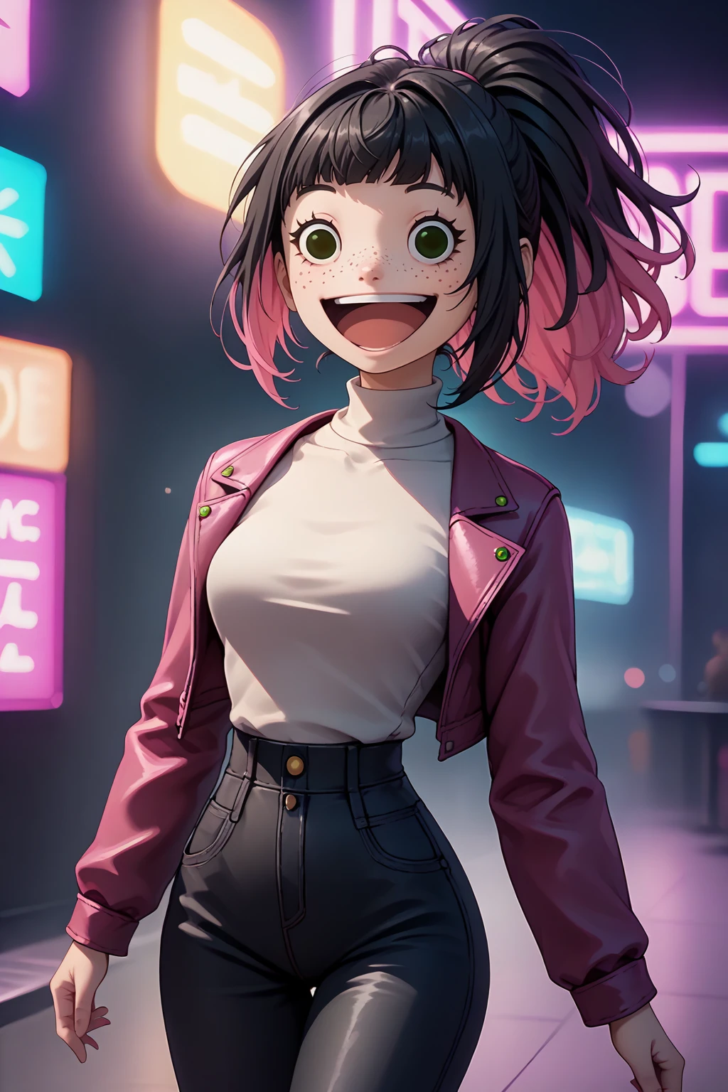 score_9, score_8_up, score_7_up, BREAK, solo, <lora:NSPikariFace:1> NSPikariFace, open mouth, smile, black eyes, big head, empty eyes, cowboy shot, nightclub, neon lights, bokeh, depth of field, black hair, pink dyed hair, ponytail, bangs, green eyes, freckles, makeup, leather jacket, turtleneck, high waist pants