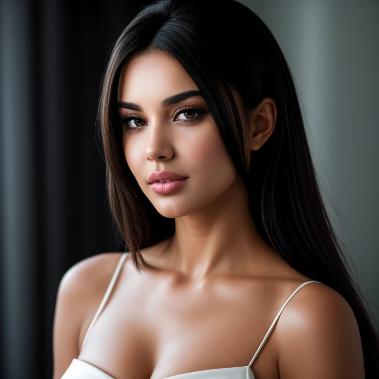 Woman, 25 years old, Ultra Definition, (photorealistic: 1.4), 8k, premier quality, detailed backgrounds, delicate face, Natural makeup, raw photo, iPhone, HDR, in lingerie, black hair, white skin, long hair, straight hair, Skinny body, black hair, medium breasts, sexy clothes, sexy lingerie