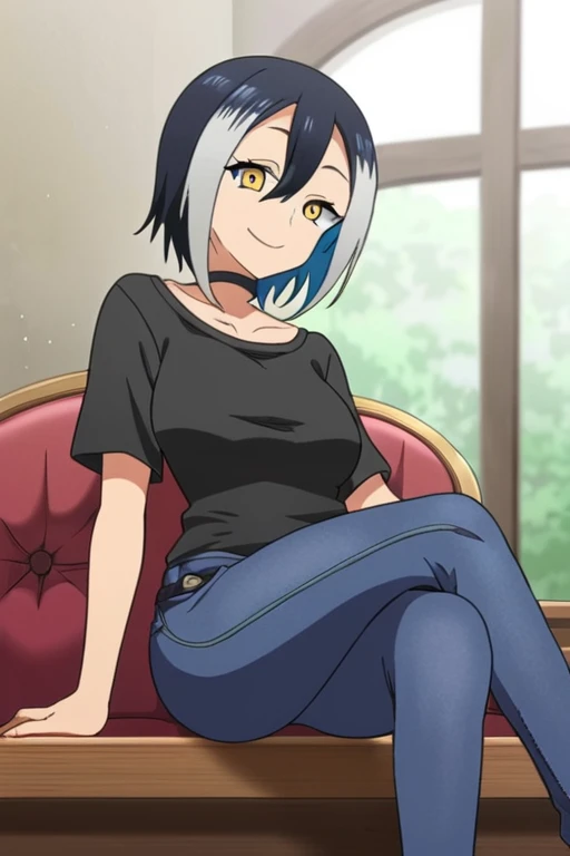 <lora:konohasensei:0.7> konohasensei, 1girl, yellow eyes, looking at viewer, smile, black shirt, , jeans, sitting, crossed legs, choker, two-tone hair,