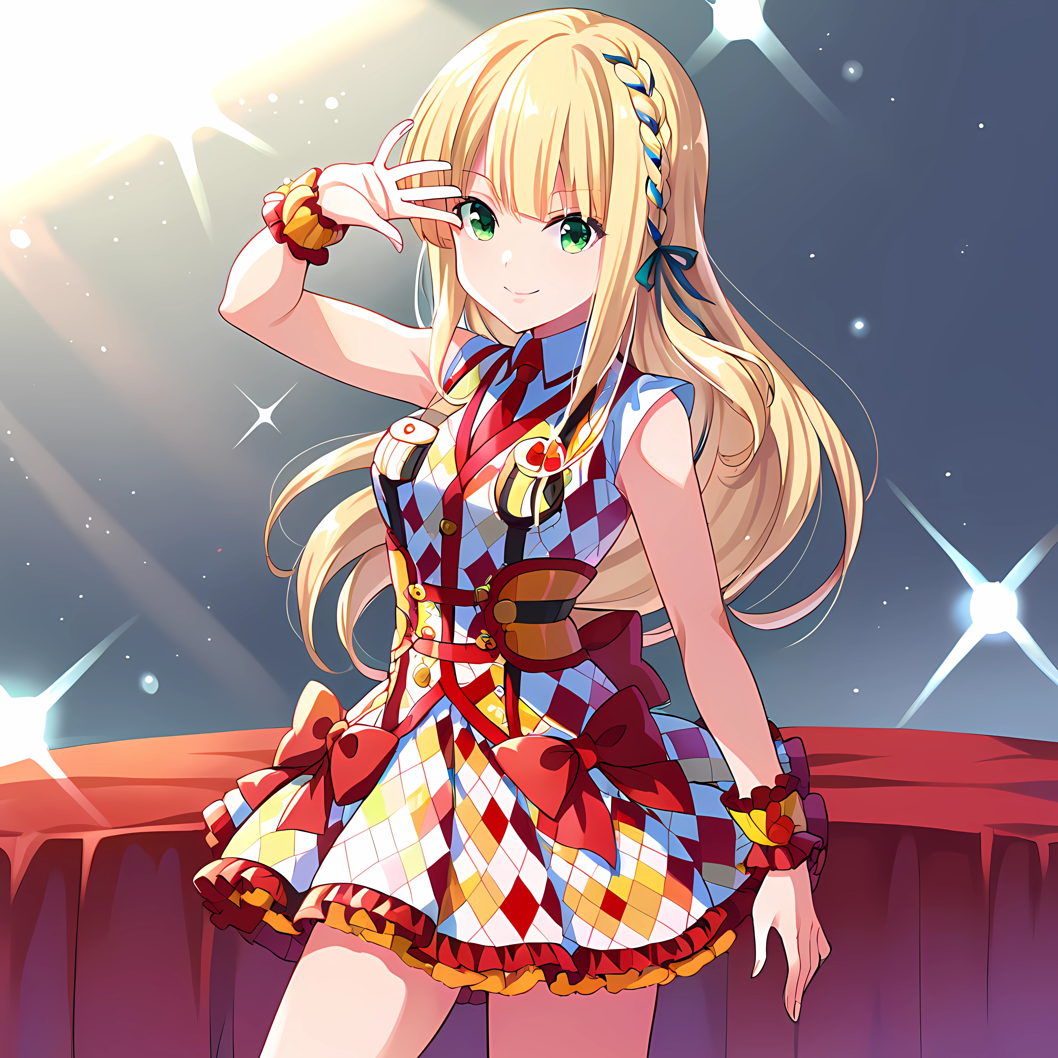 score_9,score_8,on stage,
1girl, solo, ichinoserei2, idolypride dress, idoly wrist cuffs, re2idoly hair ribbon, smile, looking at viewer, closed mouth, cowboy shot, hand up, arm at side, standing,