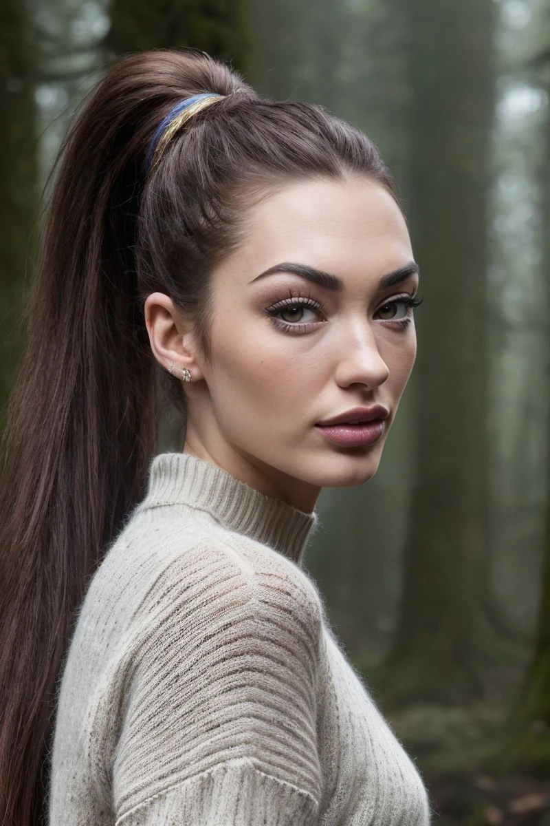 portrait of S468_ShaidenRogue,a gorgeous woman,in a (misty forest:1.1),wearing a (sweater),(ponytail),(4k, RAW photo, best quality, 50mm, depth of field, ultra high res:1.1),(intricate, photorealistic, cinematic-shot, masterpiece, ultra-detailed:1.1),