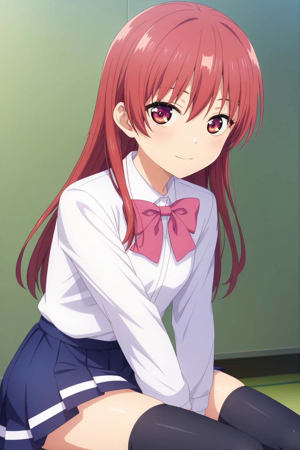 <lora:sdxl2-flat2-512b:-0.5> <lora:bold-16oa:-0.0>
score_9, score_8_up, score_7_up,
BREAK best quality, source_anime, 1girl, solo,
<lora:Saki_Saki_dim8_20240710:0.8>saki saki, long hair, red hair, red eyes,
blue skirt, school uniform, pleated skirt, black thighhighs, long sleeves, pink bowtie, zettai ryouiki, white shirt, collared shirt,
looking at viewer, closed mouth, small breasts, skindentation, indoors, sitting,