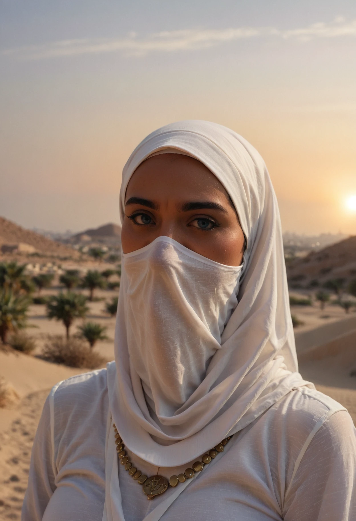 1girl, solo, closeup portrait, (blue eyes:1.3), covered mouth, covered nose,
(persian, arabian:1.15) woman, white niqab, white hijab, osman oriental armor, gold,
long shadows, sunset, heat, gradient sky,
scenery, outdoors, arid desert, sand dunes