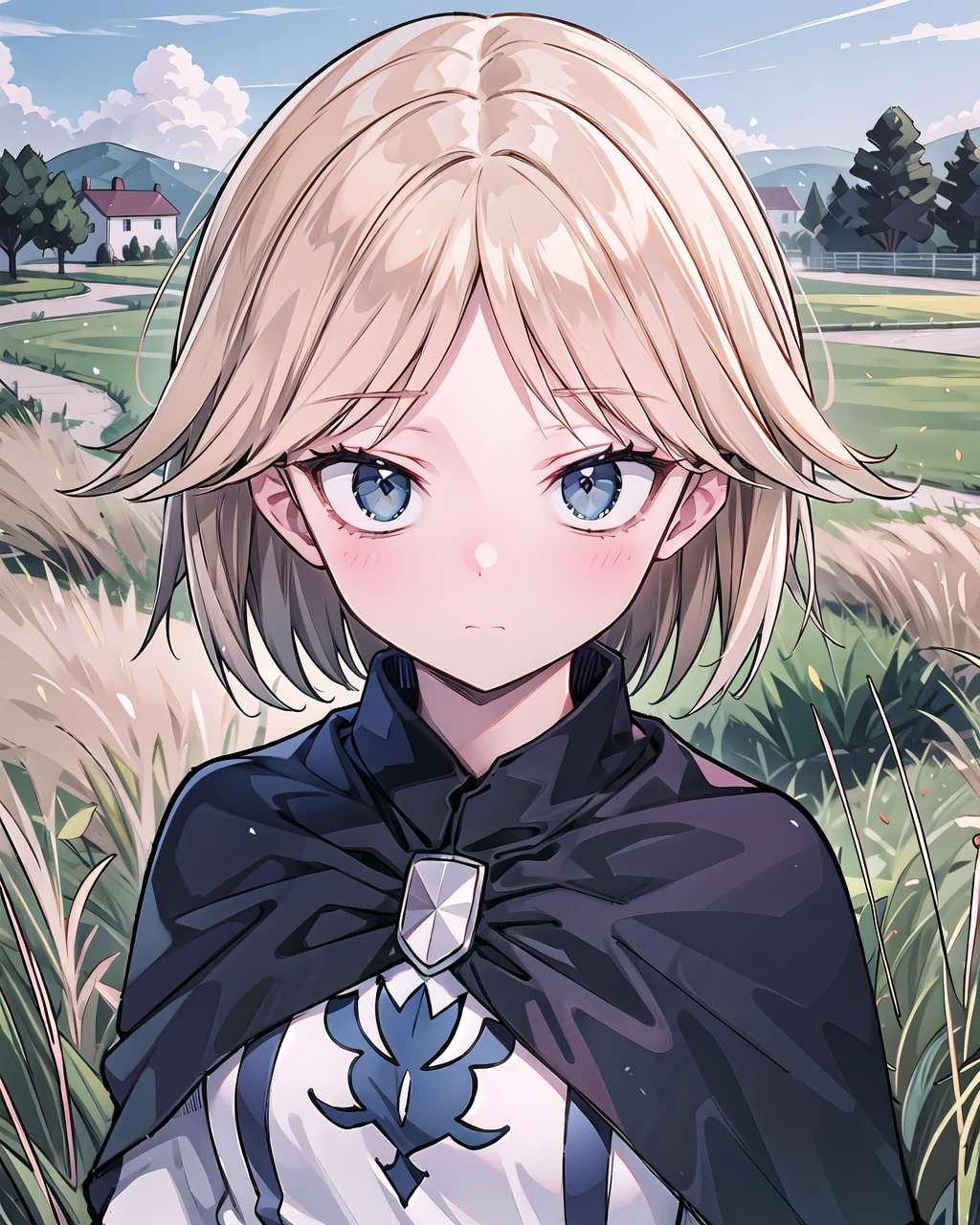 (masterpiece), best quality, high resolution, extremely detailed, detailed background, neia_White_dress, neiabaraja, solo, closed_mouth, parted_bangs, black_eyes, expressionless, looking_at_viewer, small_breasts,  black_cape, long_sleeves, upper body,  outdoors, grass, <lora:Neia_V1:0.8>