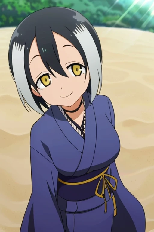 <lora:konohasensei:0.7> konohasensei, 1girl, kimono, yellow eyes, beach, black bikini, looking at viewer, smile, sunlight