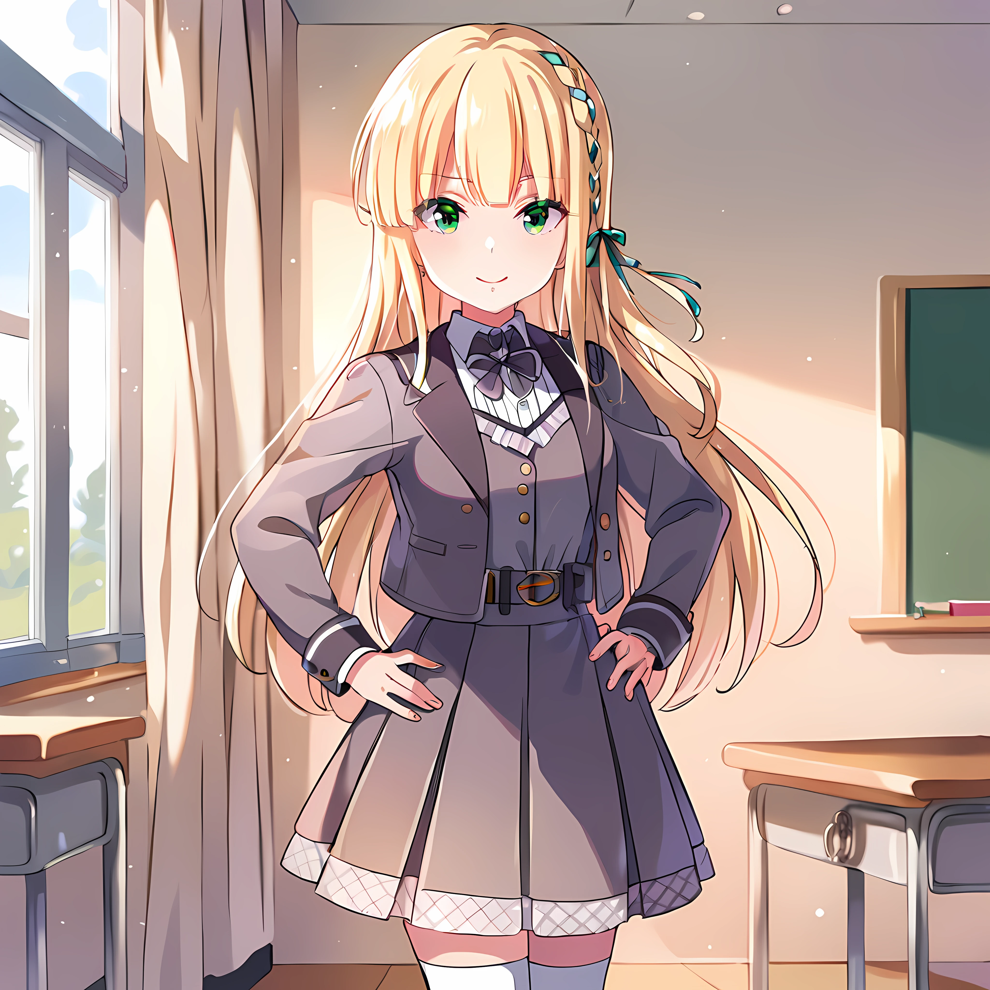 score_9,score_8_up,classroom,
1girl, solo, ichinoserei2, icre2 school uniform, icre2 jacket, re2idoly hair ribbon, smile, hands on own hips, white thighhighs, arm at side, mary janes, looking at viewer, closed mouth, standing,