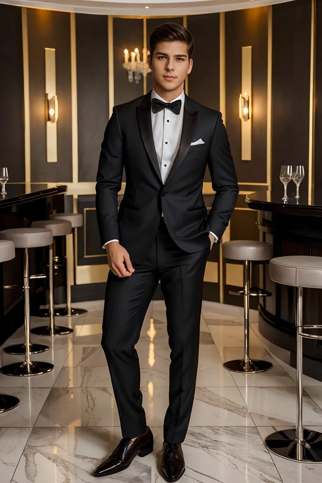 chic modern bar, suave, handsome, MartinGajda wearing men's formal fashion outfit, tuxedo, holding martini glass, (((full body portrait))), wide angle <lora:MartinGajda:0.8>