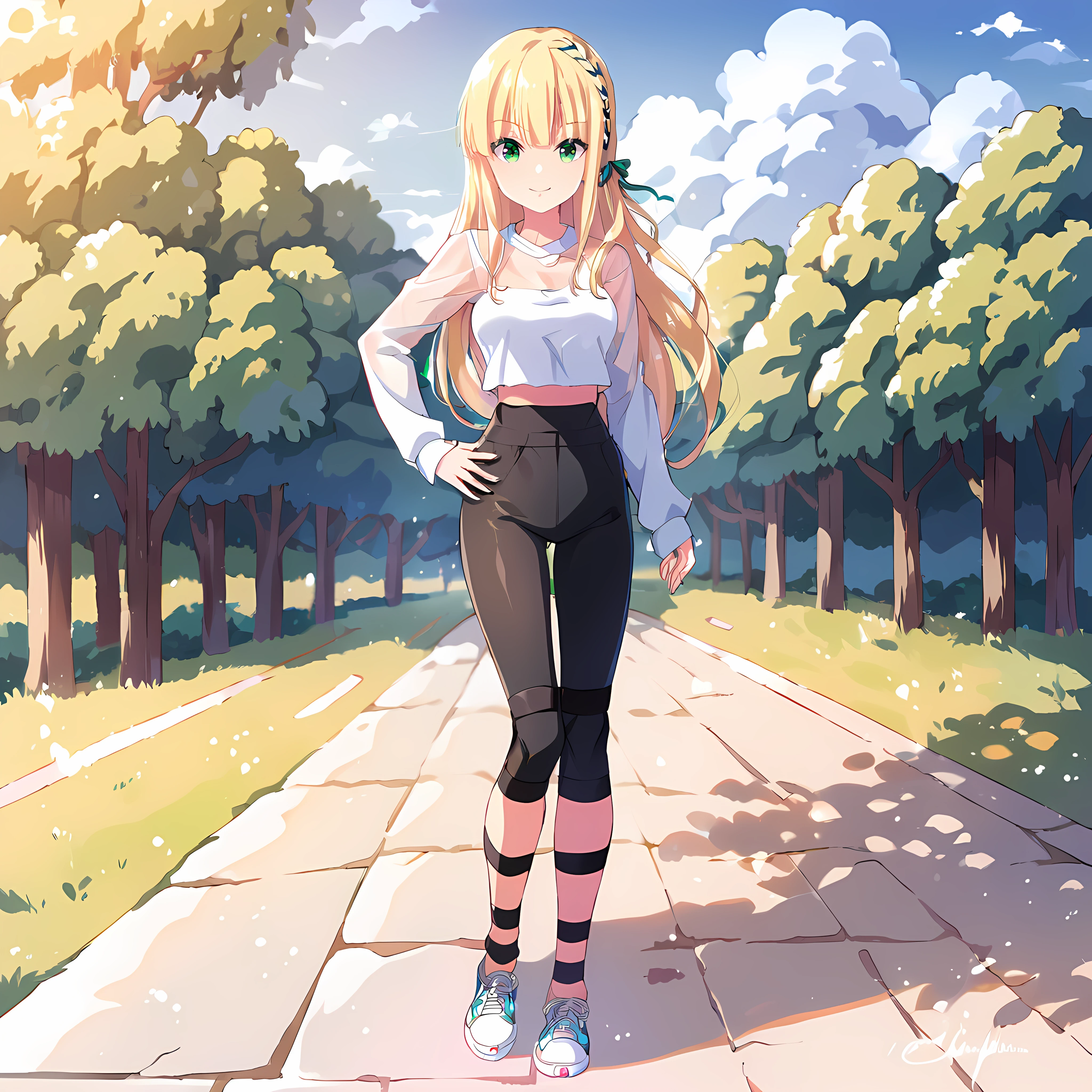score_9,score_8_up,outdoor,
1girl, solo, ichinoserei2, re2idoly hair ribbon, ichinosecasual crop top, ichinosecasual leggings, ichinosecasual sneakers, ichinosecasual leg ribbon, smile, hands on own hips, arm at side, looking at viewer, standing,