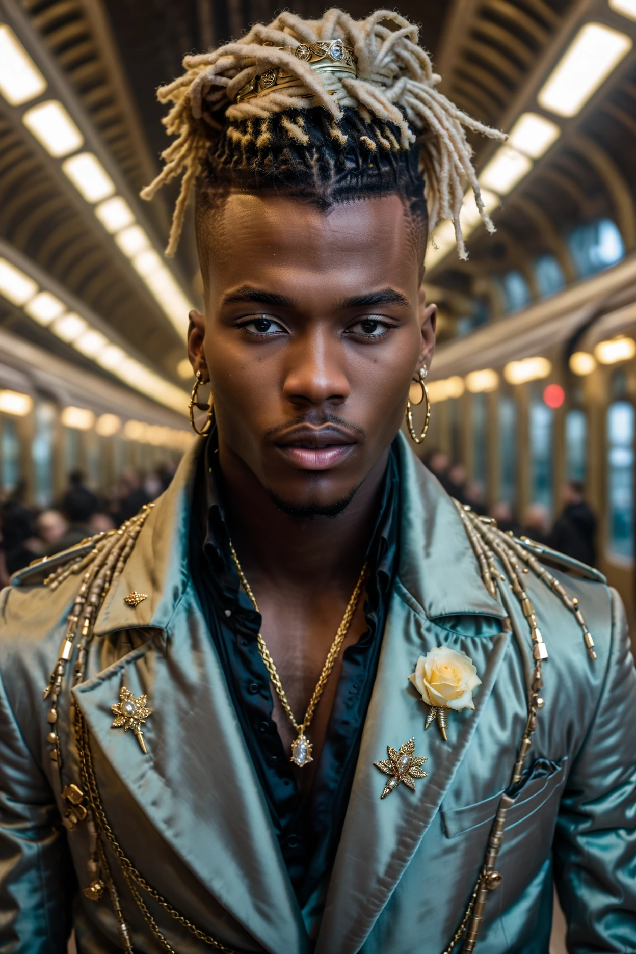 <lora:weird future fashion_v5_XL:1> RAW extreme face close up portrait of a young african man, [golden eyes:0.5], wearing a velvet weird future fashion opalescent coat with a lapel rose, shirtless, long ([crystal|plastic] tipped dyed dreads) tied up bun hairstyle, gold neck brace, fresnel effect clothing, professional photography, in an empty opulent palatial european grand train station, high ceilings, indoor lighting, high resolution, 4k, 50mm, close up shot, cinematic