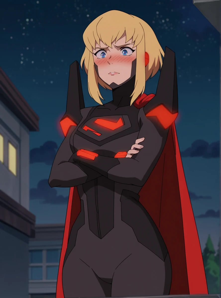 score_9, score_8_up, score_7_up, score_6_up, score_5_up, score_4_up, source_anime , anime screencap, <lora:KaraSuper:0.8>1girl, blonde hair, solo, superkara, short hair, bodysuit, sidelocks, blue eyes, pilot suit , wide hips, narrow waist, flying, night sky, red_cape crossed arms, embarrassed, nose blush,
