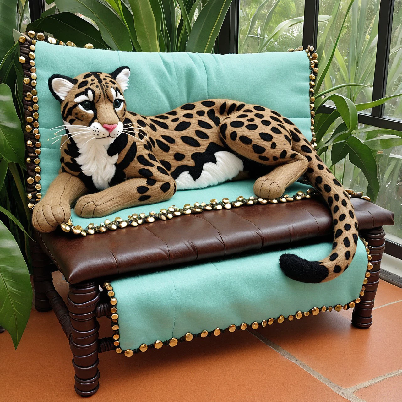 cs-l3ath3r, clouded leopard sleeping on a bench in a conservatory