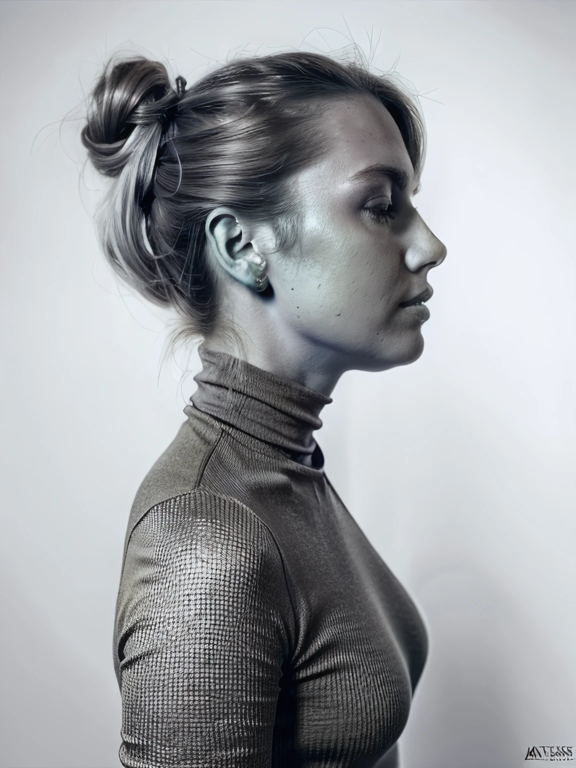  <skinhairdetail>, monochrome lanal, side view , elegant 1girl with hair tied in a high bun, forehead, wearing a white turtleneck , grey background, grainy film filter, minimalistic, HD,bold lines,poster, intricate, artstation, Conrad Roset, chiaroscuro inspired image . black and white, contrast, tone, texture, detailed