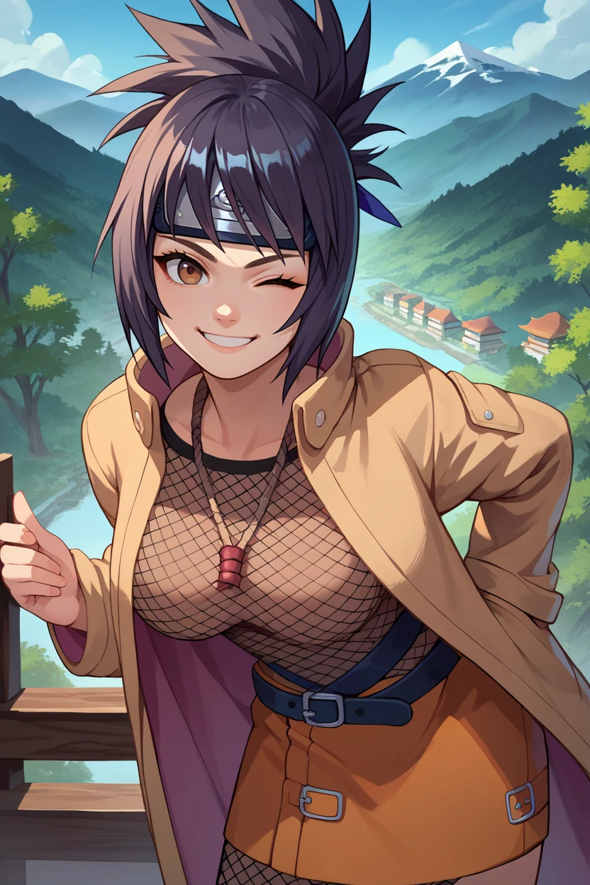 score_9, score_8_up, score_7_up, score_6_up, source_anime, 1girl, solo, <lora:anko-pdxl-nvwls-v1-000006:1> mitanko, folded ponytail, black hair, forehead protector, necklace, mesh bodysuit, belt, orange skirt, coat, big breasts, blue sky, mountains, forest, looking at you, japanese architecture, smile, wink, upper body, leaning forward